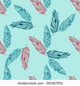 Gypsy love, hand drawn vector feather seamless pattern for your design. Boho style. Hippie and tribal sketched background. Textile, fashion, wallpaper, wrapping texture.