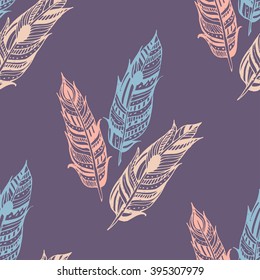 Gypsy love, hand drawn vector feather seamless pattern for your design. Boho style. Hippie and tribal sketched background. Textile, fashion, wallpaper, wrapping texture.