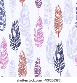 Gypsy love, hand drawn vector feather pattern for textile and cover design. Boho style fashion pattern. Hippie and tribal sketched background.