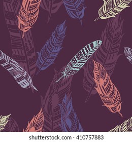 Gypsy love, hand drawn vector feather pattern for textile and cover design. Boho style fashion pattern. Hippie and tribal sketched background.