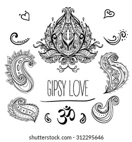 Gypsy Love: Set of Ornamental Boho Style Elements. Vector illustration. Tattoo template. Trendy hand drawn tribal symbol collection. Hippie design elements.