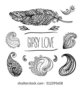 Gypsy Love: Set of Ornamental Boho Style Elements. Vector illustration. Tattoo template. Trendy hand drawn tribal symbol collection. Hippie design elements.