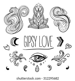 Gypsy Love: Set of Ornamental Boho Style Elements. Vector illustration. Tattoo template. Trendy hand drawn tribal symbol collection. Hippie design elements.