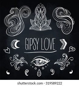 Gypsy Love: Set of Ornamental Boho Style Elements. Vector illustration. Tattoo template. Trendy hand drawn tribal symbol collection. Hippie design. Chalk drawn elements over blackboard.
