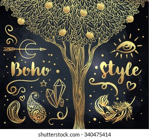 Gypsy Love: Set of Ornamental Boho Style Elements. Vector illustration. Gold tattoo template. Trendy hand drawn tribal symbol collection. Hippie design gold elements over black. Apple tree.