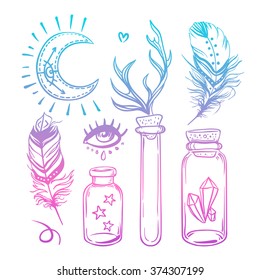 Gypsy Love: Set of Ornamental Boho Style Elements. Vector illustration. Tattoo template. Trendy hand drawn tribal symbol collection. Hippie design elements. Coloring book pages for adults.