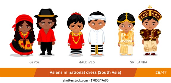 Gypsy, Maldives, Sri Lanka. Men and women in national dress. Set of asian people wearing ethnic clothing. Cartoon characters in traditional costume. South Asia. Vector flat illustration.