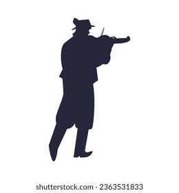 Gypsy man black silhouette playing music on violin, vector illustration isolated on white background. Male gypsy folk street musician contour shadow image.