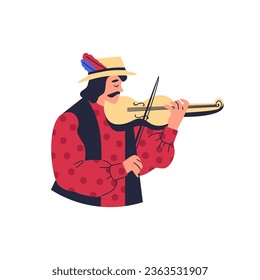 Zigeuner Mann in hellen Kleider und Hut auf Geigenebene, Vektorgrafik einzeln auf weißem Hintergrund. Dekoratives Design, Kultur und Musik, Traditionen