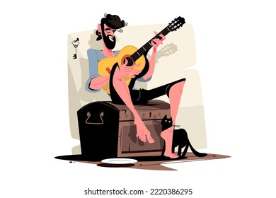 Gypsy man playing on guitar, street artist vector illustration. Romany bearded guy guitarist enjoying playing on musical instrument flat concept