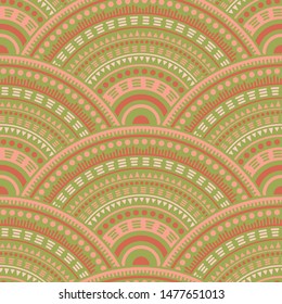 Gypsy medallions mosaic background vector seamless pattern. Tribal motifs retro repeating illustration. Romanian folk medallion concentric shapes seamless geometric pattern.