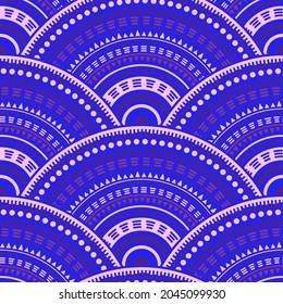 Gypsy medallions mosaic textile ornament vector seamless pattern. Folk motifs suzani repeating scallops. Romanian ethnic overlapping circular shapes seamless geometric pattern.