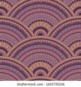 Gypsy overlapping circles background vector seamless pattern. Folk motifs contemporary repeating geometry. Romanian folk medallion concentric shapes seamless geometric pattern.