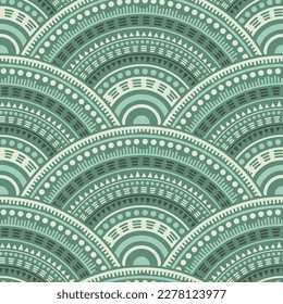 Gypsy overlapping circles batik print vector seamless pattern. Tribal motifs modern repeating scallops. Romanian ethnic circle mandala elements seamless geometric pattern.