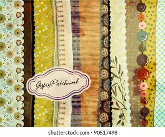 Gypsy Patchwork, hand-painted background with colorful patterned fabric/paper swatches, various borders and trims, sewing buttons and label