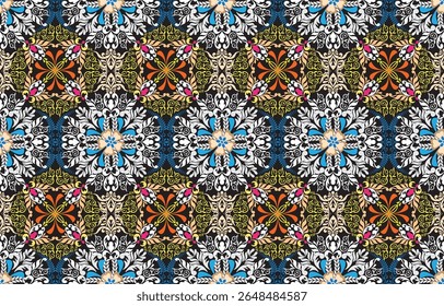 Padrão cigano tribal motivos étnicos geométricos fundo sem emenda. Doodle formas geométricas ciganas sprites motivos tribais tecido de vestuário impressão têxtil design tradicional com triângulos

