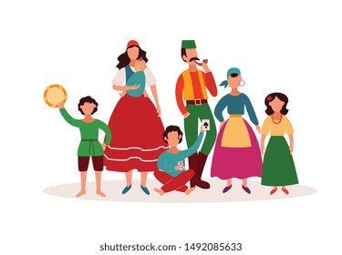 Gypsy people - isolated cartoon character family in traditional clothes and Romany culture artefacts. Woman and man with children - flat hand drawn vector illustration on white background