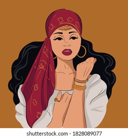 
Gypsy with a red scarf on her head and hoop earrings