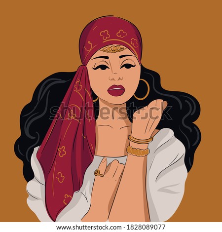 
Gypsy with a red scarf on her head and hoop earrings