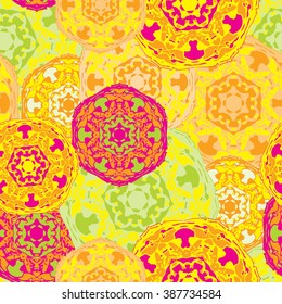 Gypsy seamless pattern of abstract multicolored round mandalas. Ethnic background with Aztec, Moroccan, Islamic, Indian motifs. Ethnic mandala from bold lines. Stylized floral pattern.