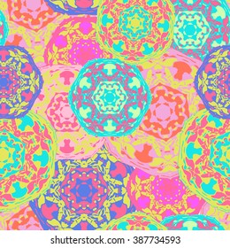 Gypsy seamless pattern of abstract multicolored round mandalas. Ethnic background with Aztec, Moroccan, Islamic, Indian motifs. Ethnic mandala from bold lines. Stylized floral pattern.