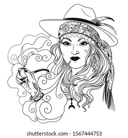 Gypsy smoking a pipe. Vector hand drawn illustration