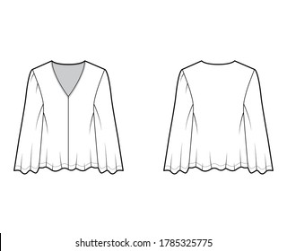 Gypsy style blouse technical fashion illustration with baby doll body, deep V-neck, long circle sleeves tunic. Flat shirt apparel template front back white color. Women, men unisex top CAD mockup