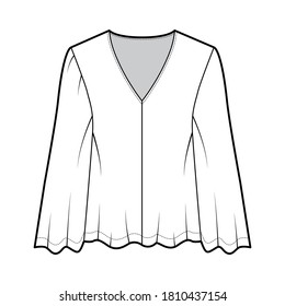 Gypsy style blouse technical fashion illustration with baby doll body, deep V-neck, long circle sleeves tunic. Flat shirt apparel template front white color. Women, men unisex top CAD mockup
