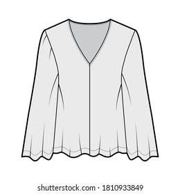 Gypsy style blouse technical fashion illustration with baby doll body, deep V-neck, long circle sleeves tunic. Flat shirt apparel template front grey color. Women, men unisex top CAD mockup