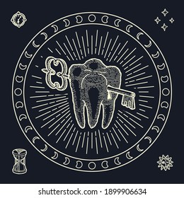 Gypsy style Mystery Symbol of Tooth with Keyhole, Key. Engraving style, Boho and Vintage. Astrological Mystery Set with Dial, Hourglass, Stars, Sun and Moon. Print for T-shirts, Posters, Tarot cards