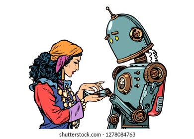 A Gypsy telling fortunes by the hand. The robot wants to know about love. Pop art retro vector illustration kitsch vintage