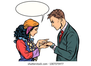 a Gypsy telling fortunes by the hand to the businessman. A fortune-teller palmist. isolate on white background. Pop art retro vector illustration kitsch vintage