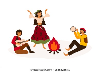 Gypsy traditional entertainment flat vector illustration. Romani people dancing and playing folk musical instruments isolated on white. Men and women in national costumes cartoon characters.