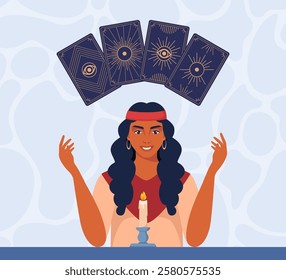 Gypsy woman fortune teller character predicts fate at table with tarot cards.