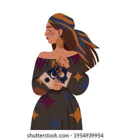 Gypsy Woman as Fortune Teller Holding Tarot Cards Predicting Future or Performing Occult Ritual Vector Illustration