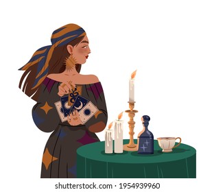 Gypsy Woman as Fortune Teller Holding Tarot Cards at Table with Candle Predicting Future or Performing Occult Ritual Vector Illustration