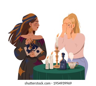 Gypsy Woman as Fortune Teller Holding Tarot Cards at Table with Candle Predicting Future to Girl or Performing Occult Ritual Vector Illustration