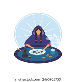 Gypsy woman fortune telling on coffee grounds at table to predict fate vector illustration