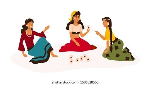 Gypsy women in bright traditional clothes reading cards flat vector illustration. Fortune tellers isolated on white background. Playing card games. Nomadic people colorful cartoon characters.