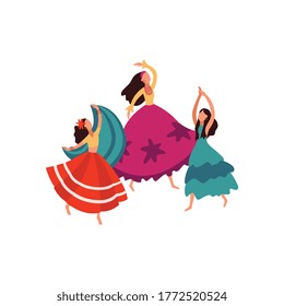 Gypsy Women And Girls Dance In Lush Beautiful Skirts. Traditional Gypsy Woman Dancer. Isolated Vector Illustration In Flat Style.