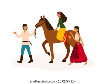 Gypsy youth having fun flat vector illustration. Romany friends, traveling nomads riding horse cartoon characters. Young man and girl on horseback. Nomadic lifestyle, freedom concept.
