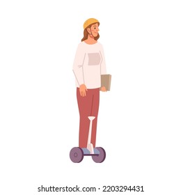 Gyro board ecologically friendly transport for commuting. Isolated female character wearing helmet and holding paper documents balancing. Vector in flat style