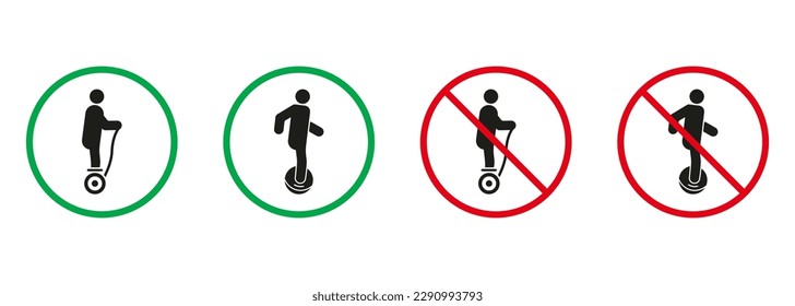 Gyro Scooter, Monowheel Silhouette Icons Set. Pictograma de transporte de peligro permitido y prohibido. Señales rojas y verdes de Gyroscooter de unicílico eléctrico. Ilustración de vectores aislados.