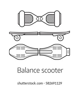 Gyro scooter vector illustration. Alternative city transport self-balancing board gyroscooter in thin line design. Personal transportation gadget. Modern balance electrical vehicle.