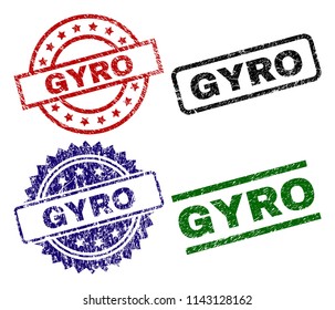 GYRO seal imprints with corroded texture. Black, green,red,blue vector rubber prints of GYRO title with corroded texture. Rubber seals with circle, rectangle, medallion shapes.