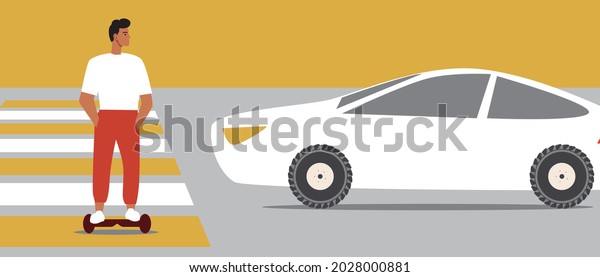 Gyroboard at the crosswalk.\
Flat vector stock illustration. Young man on a gyroboard.\
Eco-friendly transport. The car in the urban. Gyro technology.\
Vector graphics