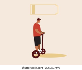 Gyrocopter, eco moving. Flat vector stock illustration. Eco-friendly transport. Indicator for recharging the electric scooter. Young man with gyro. Isolated illustration