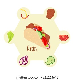 Gyros ingredients, meat, cucumber, tomato, salad, onion, bell pepper and other. Grilled meat, Greece fastfood. Cartoon flat style.