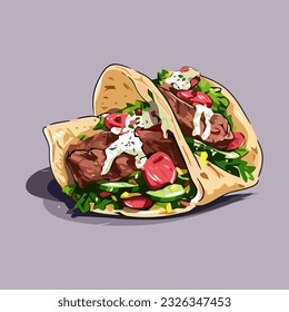 Gyros Pita Greek Traditional Food with tzatziki sauce Hand drawn illustration