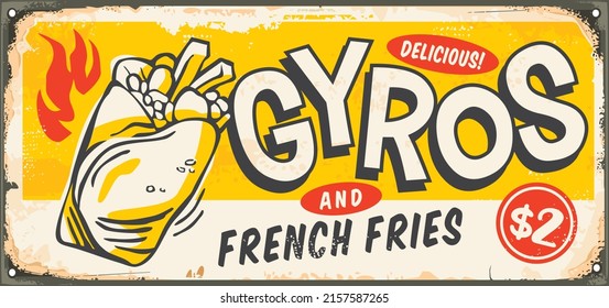 Gyros sign design for Greek fast food. Retro advertisement with delicious gyros graphic. Vector food illustration.